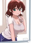  1girl absurdres bathroom blue_eyes blush breasts brushing_teeth commentary_request cup dark_red_hair emma_verde evildaddy12 freckles hair_between_eyes highres holding holding_toothbrush indoors large_breasts looking_at_viewer love_live! love_live!_nijigasaki_high_school_idol_club medium_hair mirror shirt smile solo standing toothbrush toothbrush_in_mouth toothpaste upper_body white_shirt 