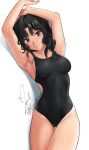  1girl amagami armpits arms_up ass_visible_through_thighs back_cutout bare_shoulders black_eyes black_hair black_one-piece_swimsuit closed_mouth clothing_cutout collarbone cowboy_shot curly_hair groin highres looking_at_viewer loose_hair_strand messy_hair navel one-piece_swimsuit signature simple_background solo swimsuit tanamachi_kaoru thigh_gap twitter_username wavy_hair white_background yoo_tenchi 