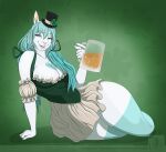  absurd_res alcohol anthro baby_the_bunny beverage blue_body blue_eyes blue_fur blue_hair bottomwear breasts celestbrook celestbrookarts clothed clothing corset female fur hair hat headgear headwear hi_res lagomorph leg_markings leporid lingerie mammal markings miniskirt rabbit skirt socks_(marking) solo topwear white_body white_fur 