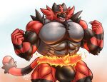  5_fingers anthro big_bulge big_muscles big_pecs black_clothing black_stripes black_thong black_underwear bulge claws clothing detailed_bulge fingers fire fist flexing fur generation_7_pokemon green_eyes grey_body grey_fur hi_res incineroar looking_at_viewer male multicolored_body multicolored_fur muscular muscular_anthro muscular_male nintendo open_mouth pecs phoenix864s pink_tongue pokemon pokemon_(species) portrait red_body red_fur red_nose sharp_teeth solo stripes teeth thong three-quarter_portrait tongue underwear yellow_sclera 