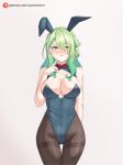  1girl :o absurdres animal_ears arm_behind_back ass_visible_through_thighs azurecruiser bare_shoulders black_pantyhose blue_leotard blush bow bowtie braid braided_bangs breasts ceres_fauna cleavage cowboy_shot detached_collar eyes_visible_through_hair fake_animal_ears green_hair hair_over_one_eye highres hololive hololive_english large_breasts leotard long_hair looking_away mole mole_under_eye pantyhose parted_lips rabbit_ears red_bow red_bowtie simple_background solo straight-on strapless strapless_leotard tail thigh_gap thighband_pantyhose virtual_youtuber web_address white_background yellow_eyes 