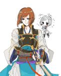 1boy brown_hair closed_mouth facing_viewer fire_emblem fire_emblem_fates highres hisame_(fire_emblem) japanese_clothes katana looking_at_viewer male_focus multiple_views samurai swept_bangs sword upper_body weapon y_unisef 