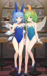  2girls absurdres animal_ears bare_legs blue_eyes blue_footwear blue_hair blue_leotard blush bottle chair checkered_floor cirno commentary_request commission cup daiyousei drink drinking_glass fairy fairy_wings fake_animal_ears fishnet_pantyhose fishnets flat_chest green_eyes green_hair grin high_heels highres holding holding_tray ice ice_wings indoors kanpa_(campagne_9) knees_together_feet_apart leotard long_hair multiple_girls open_mouth pantyhose playboy_bunny rabbit_ears second-party_source short_hair side_ponytail skeb_commission smile soda soda_bottle strapless strapless_leotard touhou tray white_pantyhose wings wrist_cuffs 