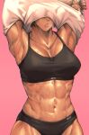  1girl abs armpits breasts brown_hair clothes_lift covered_face highres large_breasts mikel_(4hands) muscular muscular_female original pink_background pink_lips shirt_lift short_hair signature solo sweat tan 