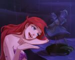  1girl ariel_(disney) bare_shoulders blue_eyes gonzais highres indoors long_hair open_mouth red_hair red_lips shell shell_bikini solo statue teeth the_little_mermaid upper_body 