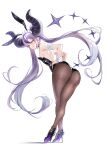  1girl animal_ears ass bare_shoulders black_leotard demon_horns fake_animal_ears from_behind high_heels highres hololive horns la+_darknesss leotard long_hair looking_at_viewer looking_back misekiss multicolored_hair pantyhose playboy_bunny pointy_ears purple_hair rabbit_ears simple_background smile solo strapless strapless_leotard streaked_hair striped_horns very_long_hair virtual_youtuber white_background wrist_cuffs 