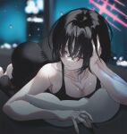  1girl ass barefoot black_hair black_pants blue_archive blurry blurry_background breasts cleavage closed_mouth collarbone fingernails hair_over_eyes halo hand_on_own_head indoors kangshi large_breasts misaki_(blue_archive) one_eye_closed pants pillow red_eyes red_halo short_hair solo 