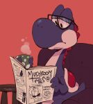  2boys chair cup datoonie english_text facial_hair glasses hat highres holding holding_cup holding_newspaper indoors luigi male_focus mario_(series) multiple_boys mustache newspaper reading sitting steam yoshi 