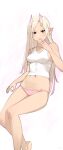  1girl arrow_(symbol) barefoot blonde_hair blush breasts commentary covering_mouth english_commentary hair_over_one_eye highres horns long_hair lowleg lowleg_panties meme navel ok_sign oni oni_horns original panties pink_panties pointy_ears print_panties puk_(puk_2020) red_eyes skin-covered_horns small_breasts smirk solo tank_top underwear white_tank_top 