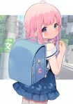  1girl absurdres aged_down ahoge backpack bag blue_dress blue_hair blurry blurry_background blush crime_prevention_buzzer dress from_behind gradient_hair green_eyes heterochromia highres himemori_luna hololive long_hair looking_at_viewer multicolored_hair nyasunyadoora official_alternate_costume outside_border photo_background pink_hair pout purple_eyes randoseru solo standing straight_hair virtual_youtuber 