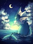  7_phi_3 animal_focus blue_skin cloud colored_skin crescent_moon forked_tail highres horizon moon night night_sky no_humans partially_submerged pokemon pokemon_(creature) shooting_star sky solo star_(sky) tail vaporeon water 