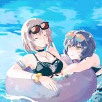  2girls absurdres afloat armlet bikini black-framed_eyewear black_bikini black_choker bob_cut bracelet breasts choker cleavage closed_eyes closed_mouth dot_nose eyewear_on_head facing_viewer grey_hair hair_between_eyes hand_on_another&#039;s_cheek hand_on_another&#039;s_face highres idoly_pride igawa_aoi innertube jewelry kanzaki_rio long_bangs looking_at_another medium_breasts multiple_girls partially_submerged pendant red-tinted_eyewear short_hair sidelocks sunglasses swimsuit tinted_eyewear upper_body watameki_(pixiv_33969409) water yellow_eyes yuri 