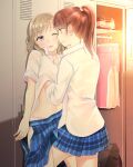  2girls bag blonde_hair blush brown_hair clothes_hanger collared_shirt commentary_request hair_tie hand_under_clothes hand_under_shirt highres leg_between_thighs light_smile locker locker_room medium_hair midriff multiple_girls navel one_eye_closed ooshima_tomo open_clothes open_skirt original panties plaid plaid_skirt pleated_skirt ponytail school_bag school_uniform shirt shoes skirt smile underwear unworn_clothes unworn_shoes yellow_eyes yuri 