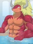  abs absurd_res bare_chest bath bathhouse blonde_hair bushiroad colored dragon drum_bunker_dragon fingers future_card_buddyfight hair hi_res horn hot_spring humanoid_hands looking_up male muscular muscular_male nude partially_submerged pecs red_body red_skin reptile scalie smile solo teeth water winick-lim 