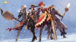  2boys 2girls armor axe bad_source blade blue_eyes boots buckle choker crown cuirass dress drill_hair fantasy fantasy_earth_zero faulds grey_hair highres holding holding_sword holding_weapon knife knight long_sword mage_staff multiple_boys multiple_girls official_art okojo orange_eyes orange_hair plate_armor purple_hair red_dress red_eyes red_hair rocket_launcher rpg shield short_sword snow snowing staff standing sword thighhighs tiara twin_drills twintails weapon 