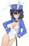 1girl andou_(girls_und_panzer) animal_ears bc_freedom_(emblem) bc_freedom_military_uniform black_hair blue_bow blue_bowtie blue_headwear blush bow bowtie breasts closed_mouth commentary_request cowboy_shot detached_collar embarrassed emblem fake_animal_ears girls_und_panzer hat highleg highleg_leotard highres kepi leotard long_sleeves medium_breasts medium_hair messy_hair military_hat monolith_(suibou_souko) open_clothes rabbit_ears simple_background solo strapless strapless_leotard sweatdrop white_background white_leotard 