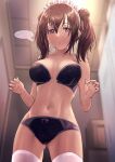  1girl absurdres alice_gear_aegis ass_visible_through_thighs black_bra black_panties blush bow bow_panties bra breasts brown_hair bureikubureido embarrassed frills front-hook_bra hair_between_eyes heart highres kimikage_yui lace-trimmed_bra lace-trimmed_panties lace_trim long_hair looking_to_the_side maid_headdress medium_breasts navel open_bra open_clothes open_mouth panties purple_eyes sidelocks solo speech_bubble spoken_heart sweat swept_bangs thighhighs thighs twintails underwear underwear_only variant_set white_thighhighs 