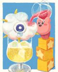 block_(object) cloud crying cup food_focus foodification highres holding_jug ice ice_cube kirby kirby_(series) kirby_cafe kracko miclot no_humans open_mouth pink_footwear shoes smile standing tiptoes 