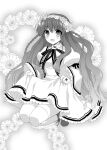  1girl :d blush boots braid clothes_lift commentary_request dress dress_lift floral_background flower flower_wreath frilled_dress frilled_sleeves frills fuyuichi greyscale hair_between_eyes happy head_wreath juliet_sleeves kanbe_kotori kazamatsuri_institute_high_school_uniform lifted_by_self long_hair long_sleeves looking_at_viewer midair monochrome open_mouth puffy_sleeves rewrite school_uniform sidelocks simple_background smile solo thighhighs twin_braids very_long_hair wavy_hair white_background white_thighhighs wide_sleeves 