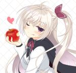  1girl ;q ahoge akizuki_kanna apple bitten_apple black_cape black_ribbon blush cafe_stella_to_shinigami_no_chou cape closed_mouth commentary crossed_bangs eyes_visible_through_hair food food_bite food_on_face fruit hair_between_eyes hand_up head_tilt heart holding holding_food holding_fruit jacket jitome long_hair long_sleeves looking_at_viewer neck_ribbon one_eye_closed purple_eyes red_ribbon ribbon side_ponytail simple_background smile solo tatsuya_(trypaint) tongue tongue_out upper_body very_long_hair white_background white_hair white_jacket 