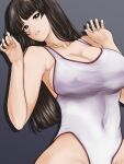  1girl blunt_bangs breasts covered_nipples girls_und_panzer grey_background highres large_breasts long_hair mature_female nipples nishizumi_shiho one-piece_swimsuit paid_reward_available simple_background swimsuit white_one-piece_swimsuit yoyokkun 
