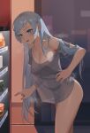  1girl blue_eyes bottomless breasts collarbone grey_hair grey_shirt hair_down highres leaning_forward long_hair looking_at_viewer medium_breasts no_pants open_mouth revision rwby scar scar_across_eye scar_on_face see-through see-through_shirt shirt solo sweat thighs vending_machine very_long_hair wangxiii weiss_schnee wet 