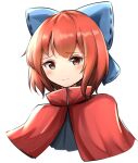  1girl blue_bow bow cloak closed_mouth commentary cropped_torso hair_bow kuneamorai looking_at_viewer red_eyes red_hair sekibanki short_hair simple_background solo touhou white_background 