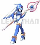  1girl android armor blue_armor blue_eyes blue_footwear blue_sleeves bodysuit boots character_name crop_top helmet high_heels holding holding_polearm holding_weapon leviathan_(mega_man) looking_at_viewer mcnr mega_man_(series) mega_man_zero_(series) polearm robot robot_girl weapon white_bodysuit 