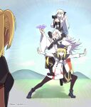  1boy 3girls artoria_caster_(fate) artoria_caster_(second_ascension)_(fate) artoria_pendragon_(fate) baggy_pants beret black_bow black_dress black_footwear black_pants black_pantyhose blonde_hair blue_cape blue_eyes blue_headwear boots bow braid breasts cape closed_eyes dark-skinned_female dark_skin dress fate/grand_order fate_(series) french_braid green_eyes grey_hair gun hair_bow hat highres house_tag_denim large_breasts long_hair long_sleeves merlin_(fate) morgan_le_fay_(fate) multiple_girls nezha_(fate) open_mouth pants pantyhose ponytail robe short_hair sidelocks small_breasts smile thigh_boots twintails two-tone_dress very_long_hair weapon white_dress white_hair white_robe wide_sleeves 