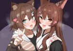  2girls :3 ahoge animal_ear_fluff animal_ears asymmetrical_docking black_shirt blush breast_press breath brown_hair butterfly_hair_ornament cat_ears cat_girl commission cum cum_in_mouth cum_on_tongue facial fish_hair_ornament fox_ears fox_girl fumi_(nijisanji) fumino_tamaki green_eyes hair_between_eyes hair_ornament hood hoodie japanese_clothes kimono long_hair long_sleeves looking_at_viewer medium_hair mitarashinejiri multiple_girls nijisanji nose_blush open_clothes open_hoodie open_mouth shirt short_hair skeb_commission smile striped striped_hoodie tongue tongue_out v very_long_hair virtual_youtuber white_kimono yellow_eyes 