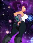  absurd_res big_breasts big_butt boots braless breasts butt camel_toe clothed clothing comedy_central cosmic_background curvy_figure cyclops female footwear futurama grimphantom hair hand_on_butt hi_res humanoid leggings legwear lipstick makeup not_furry pink_lipstick purple_hair rear_view shirt solo space star tight_clothing topwear turanga_leela 