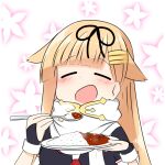  1girl black_gloves black_ribbon black_serafuku blonde_hair blush closed_eyes curry curry_rice eating fingerless_gloves floral_background food gloves hair_flaps hair_ornament hair_ribbon hairclip happy holding holding_plate holding_spoon kantai_collection long_hair neckerchief open_mouth plate red_neckerchief ribbon rice scarf school_uniform serafuku sira smile solo spoon steam upper_body white_scarf yuudachi_(kancolle) yuudachi_kai_ni_(kancolle) 