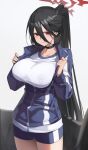  1girl absurdres black_choker black_hair black_wings blue_archive blush breasts choker closed_mouth feathered_wings gym_uniform hair_between_eyes halo hasumi_(blue_archive) hasumi_(track)_(blue_archive) highres jacket large_breasts large_wings long_hair looking_at_viewer mole mole_under_eye official_alternate_costume partially_unzipped ponytail red_eyes reulem shirt shorts solo track_jacket white_background white_shirt wings 