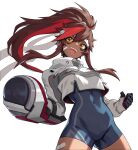  1girl absurdres artist_request bandage_on_thigh bandaid bandaid_on_cheek bandaid_on_face bodysuit brown_hair dark-skinned_female dark_skin facial_mark fist_pump headband highres jacket juliette_(omega_strikers) long_hair non-web_source official_art omega_strikers orange_eyes ponytail red_hair skin_tight smile solo teeth upper_teeth_only white_headband white_jacket zipper zipper_pull_tab 