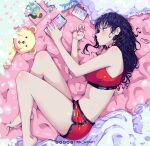  1girl ass bare_legs bare_shoulders barefoot bed_sheet blush boku_no_kokoro_no_yabai_yatsu breasts candy cellphone closed_mouth eyewear_removed feet feet_out_of_frame food frilled_pillow frills highres jk_arts keychain knees_up large_breasts legs long_hair lying manga_(object) messy_hair nail_polish on_side phone picture_(object) pillow red_shorts red_sports_bra shorts smartphone solo sports_bra spread_toes stuffed_animal stuffed_toy teddy_bear thighs toenail_polish toenails toes twitter_username yamada_anna yellow_eyes 