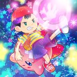  2boys black_hair full_body hat kirby kirby_(series) mother_(game) mother_2 multiple_boys ness_(mother_2) one_eye_closed otoe_(milkyboy_inc.) pink_skirt red_footwear red_headwear shirt shoes shorts skirt striped striped_shirt super_smash_bros. voice_actor_connection 