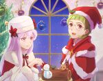  1boy 1girl bow bowtie christmas christmas_ornaments christmas_tree fire_emblem fire_emblem:_three_houses fire_emblem_heroes glasses green_hair hat ignatz_victor ignatz_victor_(winter) log lysithea_von_ordelia lysithea_von_ordelia_(winter) official_alternate_costume open_mouth reindeer rio78866412 santa_costume santa_hat snowman white_hair 