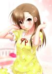  1girl asymmetrical_bangs blurry blurry_background blush brown_eyes brown_hair closed_mouth commentary_request dress eyelashes floral_print frilled_dress frills futami_mami green_dress hair_over_one_eye hair_tie_in_mouth hands_up idolmaster idolmaster_(classic) indoors long_hair looking_at_viewer mouth_hold puffy_short_sleeves puffy_sleeves red_ribbon ribbon short_sleeves sitting smile solo straight_hair upper_body zen_(kamuro) 