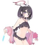  1girl bikini black_bikini black_hair blue_archive blush breasts closed_mouth food frilled_bikini frills hairband halo highres holding jacket long_sleeves looking_at_viewer mashiro_(blue_archive) mashiro_(swimsuit)_(blue_archive) off_shoulder open_clothes open_jacket pink_jacket popsicle purple_eyes short_hair simple_background small_breasts snowgun solo swimsuit white_background white_hairband 