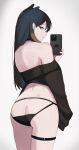  1girl absurdres ass ass_cutout bare_shoulders black_choker black_hair black_panties black_shirt blue_eyes cellphone choker closed_mouth clothing_cutout commentary cowboy_shot ear_piercing earrings from_behind gothic highres holding holding_phone hololive hololive_english jewelry ku_roiko long_hair long_sleeves looking_at_viewer looking_back mole mole_under_eye multicolored_hair ninomae_ina&#039;nis orange_hair panties panty_cutout phone piercing pointy_ears selfie shirt simple_background smartphone solo straight_hair stud_earrings taking_picture takodachi_(ninomae_ina&#039;nis) tentacle_hair thigh_strap two-tone_hair underwear virtual_youtuber white_background 