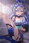  1girl black_jacket blue_eyes blue_ribbon breasts cleavage commentary_request doyamona eyewear_on_head fur-trimmed_jacket fur_trim grey_hair hair_ribbon highres holding honkai:_star_rail honkai_(series) indoors jacket long_hair looking_at_viewer ribbon shirt silver_wolf_(honkai:_star_rail) single-shoulder_shirt solo sunglasses thigh_strap thighs white_shirt 