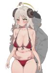  ahoge belly_grab big_breasts bodily_fluids breasts brown_eyes brown_horn clothing curved_horn duo eyelashes female grey_hair hair halo horn horned_humanoid huge_breasts human humanoid k8on male mammal navel red_clothing red_swimwear simple_background slightly_chubby sweat sweatdrop swimwear tan_body tan_skin thick_thighs thigh_gap white_background wide_hips 