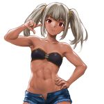  1girl bandeau bare_arms bare_shoulders black_bandeau blue_shorts collarbone cutoffs grey_hair hand_on_own_hip highres medium_hair midriff minamoto80486 navel nyartris_armentalis open_fly pointy_ears red_eyes shorts simple_background solo twintails white_background wizardry 