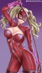  1girl arm_up baileymcpatty blonde_hair blue_eyes bodysuit boots breasts cat_mask catsuit covered_navel full-length_zipper gloves holding holding_whip large_breasts long_hair looking_at_viewer mask patreon_username persona persona_5 pink_gloves purple_background red_bodysuit shrug_(clothing) signature smile solo takamaki_anne thigh_boots twintails zipper 