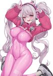  1girl :d alice_(nikke) arms_up artfairy blush bodysuit breasts covered_navel goddess_of_victory:_nikke highres jacket large_breasts long_hair long_sleeves looking_at_viewer open_mouth pink_bodysuit pink_eyes pink_headphones pink_jacket simple_background smile solo thighs twintails white_background white_footwear 