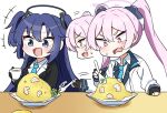  2girls black_jacket blue_archive blue_eyes blue_hair blue_necktie food green_bean jacket koyuki_(blue_archive) multiple_girls necktie omelet omurice pink_eyes pink_hair sashu_(thershr6s) shirt twintails white_jacket white_shirt yuuka_(blue_archive) 