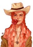  1girl artist_request blue_eyes cowboy_hat fallout_(series) fallout_new_vegas flower hat jewelry necklace red_flower red_hair red_rose rose rose_of_sharon_cassidy source_request tagme unbuttoned 