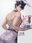  1boy animal_ears apron artist_name back black_bow black_hair bow cowboy_shot drinking_straw ear_piercing food fruit genshin_impact grey_eyes hair_between_eyes highres holding holding_tray macaron male_focus milkshake muscular muscular_male nipples nomicriz pants piercing rabbit_ears rabbit_tail scar scar_on_back short_hair simple_background smile solo strawberry tail topless_male tray waiter white_background white_pants wriothesley_(genshin_impact) 