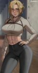  1girl abs annie_leonhardt artist_name black_hair blonde_hair blue_eyes blurry blurry_background blush breasts cropped_hoodie hand_on_own_hip highres hood hoodie large_breasts looking_at_viewer oroborus pants shingeki_no_kyojin short_hair solo 