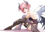  1girl bandaged_leg bandages bare_back barefoot blush breasts closed_mouth demon_girl demon_horns demon_tail demon_wings doki_doki_literature_club elbow_gloves gloves hair_ornament hairclip halloween highres horns looking_at_viewer natsuki_(doki_doki_literature_club) no_shoes pink_eyes pink_hair short_hair simple_background single_glove single_thighhigh sitting smile solo tail thighhighs wings yami_(rear4742) 